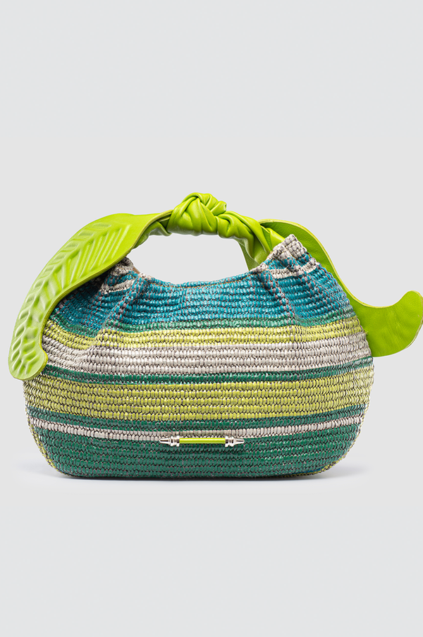 Palmette Leaf Bucket Striped Green Raffia
