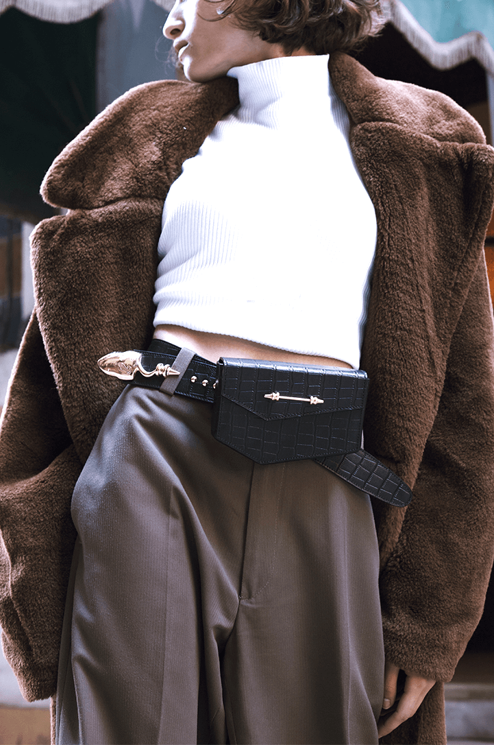 Snake Strich Belt Black Crocodile Silver